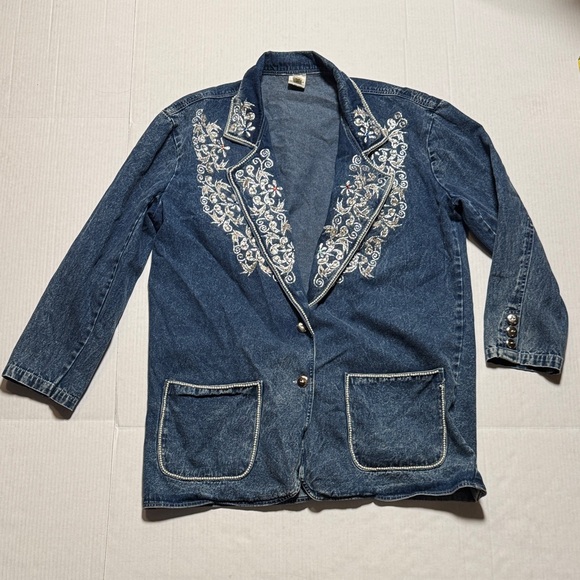 Vintage Jackets & Blazers - Western Silver Embroidered Denim Blazer Jacket Rhinestones Silver Buttons Size L